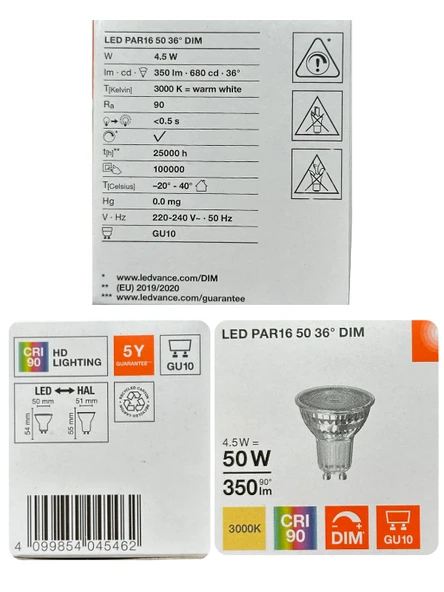 (1 Adet) Ledvance 4,5W (50W) 3000K (Sarı Işık) Dim Edilebilir GU10 Duylu Led Spot Ampul - 3