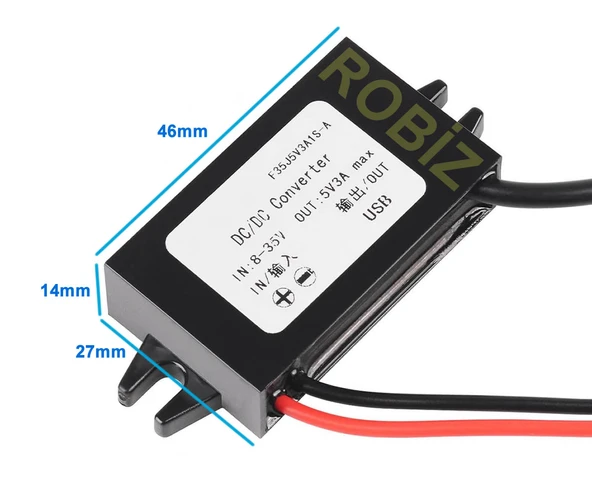 12V / 24V to USB-A 5V 3A Modül F35J5V3A  30cm Type A Usb Kablolu Su Geçirmez Şarj Telefon Araba Karavan Tekne Tablet Voltaj Düşürücü Güç Kaynağı - 8
