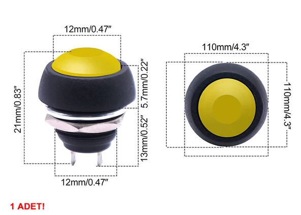 12mm PBS-33B 2 Pin Push Buton Sarı  ON OFF 1A 250V Mini Yuvarlak Su Geçirmez Anahtar Momentary Switch - Resim 7