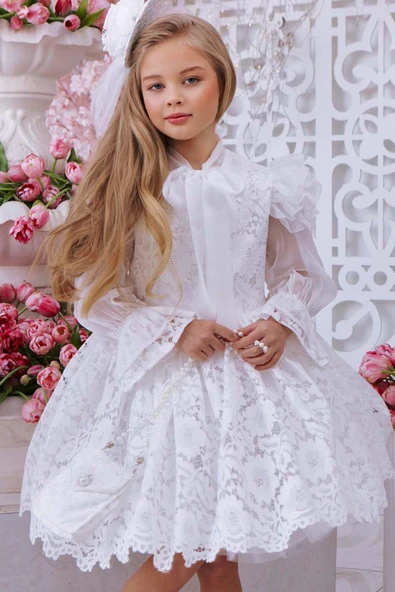Kız Çocuk Yakası Şal Detaylı Omuzlar Fırfır İspanyol Kol Şeffaf Tül Dantel İşlemeli Beyaz Elbise - Resim 9