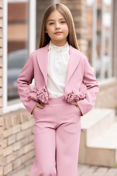 Kız Çocuk Çiçek Broş Detaylı Blazer Ceket Halter Yaka Taş Detaylı Bluz Pembe Alt Üst Takım ürün görseli