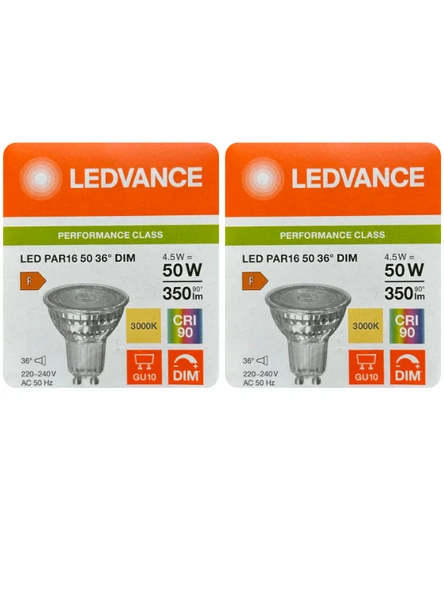 (2 Adet) Ledvance 4,5W (50W) 3000K (Sarı Işık) Dim Edilebilir GU10 Duylu Led Spot Ampul