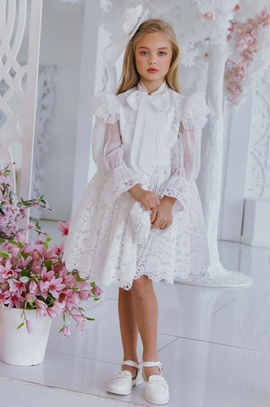 Kız Çocuk Yakası Şal Detaylı Omuzlar Fırfır İspanyol Kol Şeffaf Tül Dantel İşlemeli Beyaz Elbise - Resim 2
