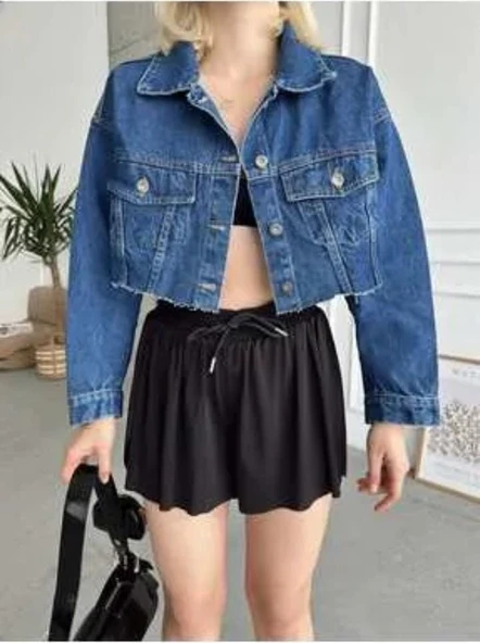 Kadın Lazer Kesim Cep Detaylı Crop Denim Ceket-Koyu Mavi