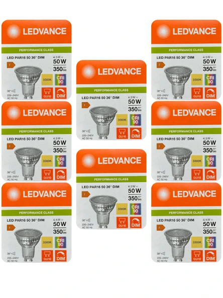(8 Adet) Ledvance 4,5W (50W) 3000K (Sarı Işık) Dim Edilebilir GU10 Duylu Led Spot Ampul