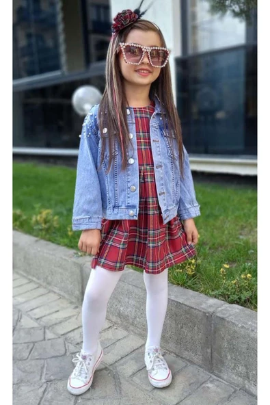 Kız Çocuk Omuzlar İnci Boncuk İşlemeli Mavi Kot Ceket Bisiklet Yaka Ekose Çizgili Sıfır Kol Elbise - Resim 6