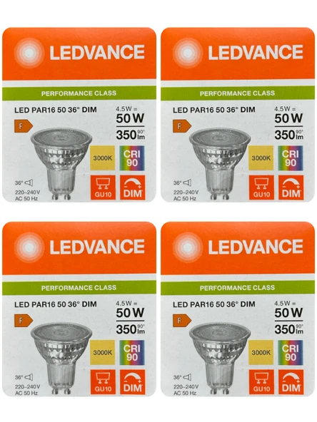 (4 Adet) Ledvance 4,5W (50W) 3000K (Sarı Işık) Dim Edilebilir GU10 Duylu Led Spot Ampul