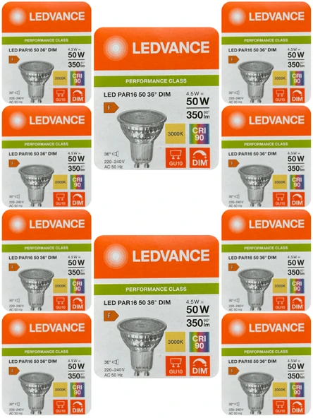 (10 Adet) Ledvance 4,5W (50W) 3000K (Sarı Işık) Dim Edilebilir GU10 Duylu Led Spot Ampul