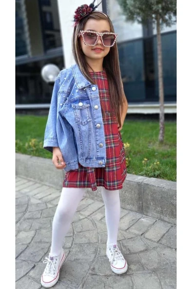 Kız Çocuk Omuzlar İnci Boncuk İşlemeli Mavi Kot Ceket Bisiklet Yaka Ekose Çizgili Sıfır Kol Elbise - Resim 4