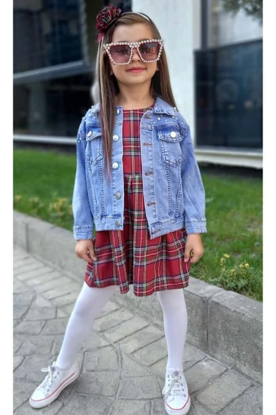 Kız Çocuk Omuzlar İnci Boncuk İşlemeli Mavi Kot Ceket Bisiklet Yaka Ekose Çizgili Sıfır Kol Elbise - Resim 5