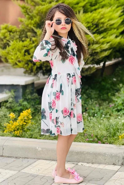 Kız Çocuk Yakası Bağlama Detaylı Üzeri Gül Desenli Piliseli Beyaz Elbise - Resim 6