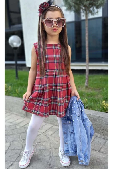 Kız Çocuk Omuzlar İnci Boncuk İşlemeli Mavi Kot Ceket Bisiklet Yaka Ekose Çizgili Sıfır Kol Elbise - Resim 8