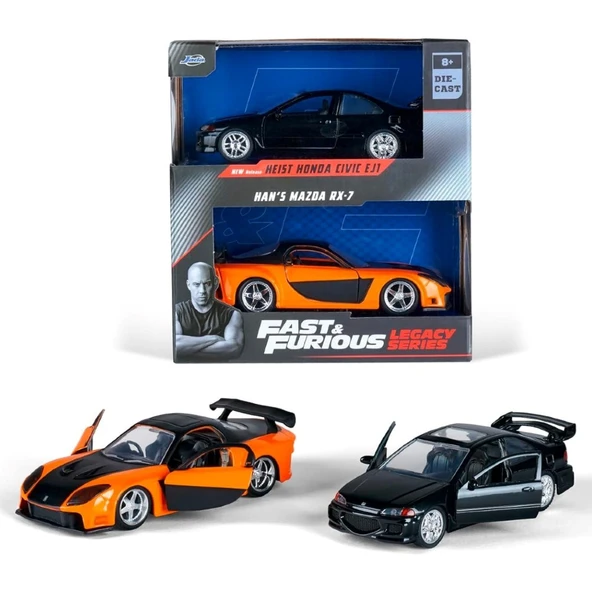 Jada 1:32 Fast & Furious Legacy Series Twin Pack W1/1 Heist Honda Civic EJ1 & Han's Mazda RX-7 ürün görseli 1
