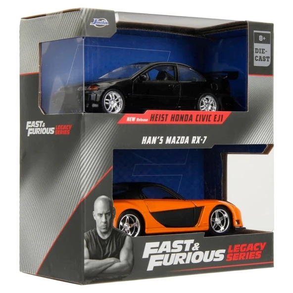 Jada 1:32 Fast & Furious Legacy Series Twin Pack W1/1 Heist Honda Civic EJ1 & Han's Mazda RX-7 - Resim 8