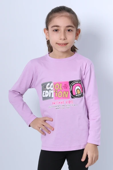 KIZ ÇOCUK UZUN KOLLU TSHİRT 4 MEVSİM BİSİKLET YAKA COOL EDİTİON BASKILI D45 - Resim 3