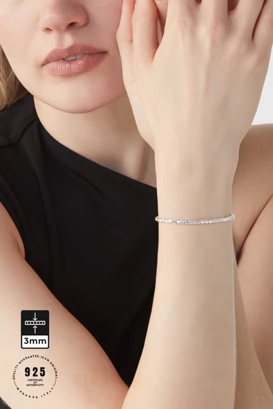 3mm Küp Boncuk Zincir 925 Ayar Gümüş Bileklik - 1