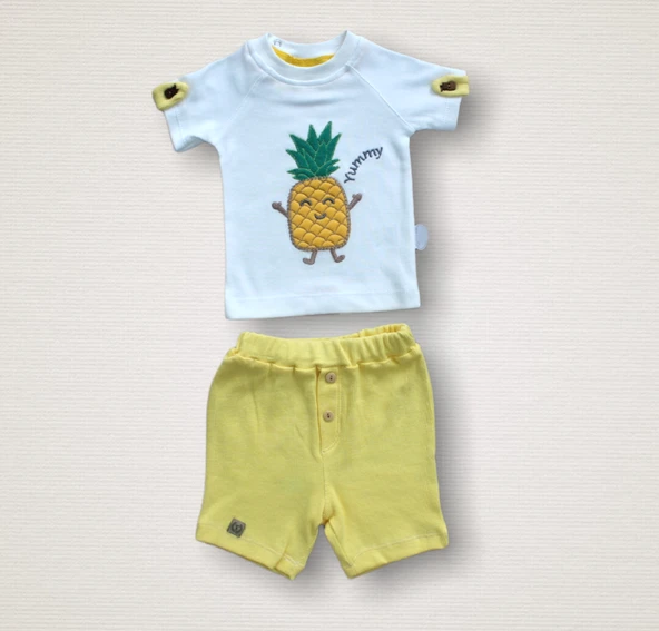 6-9 9-12 12-18 Ay Ananas Nakışlı Kısa Kollu Sweatli Şortlu 2li Kız-erkek Bebek Takımı