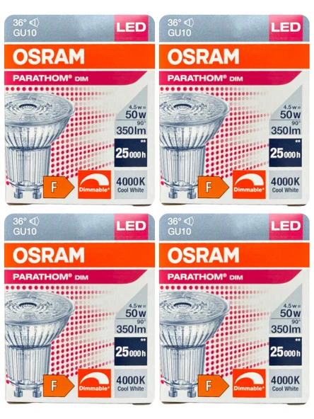 (4 Adet) Ledvance 4,5W (50W) 4000K (Gün Işığı) Dim Edilebilir GU10 Duylu Led Spot Ampul