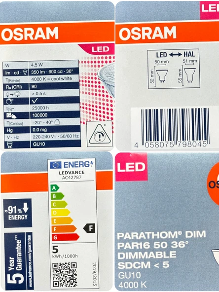 (1 Adet) Ledvance 4,5W (50W) 4000K (Gün Işığı) Dim Edilebilir GU10 Duylu Led Spot Ampul - Resim 3
