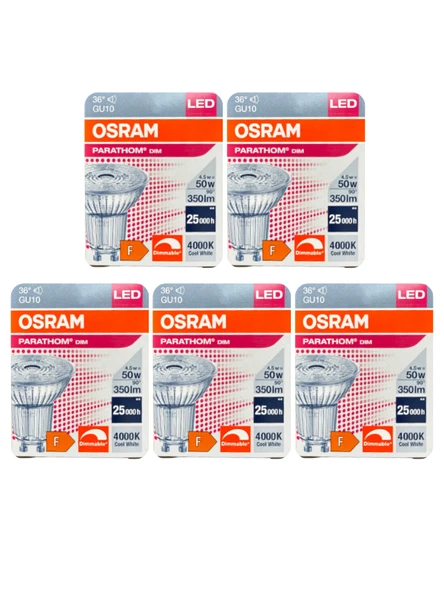 (5 Adet) Ledvance 4,5W (50W) 4000K (Gün Işığı) Dim Edilebilir GU10 Duylu Led Spot Ampul