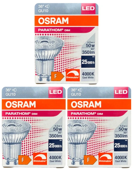 (3 Adet) Ledvance 4,5W (50W) 4000K (Gün Işığı) Dim Edilebilir GU10 Duylu Led Spot Ampul