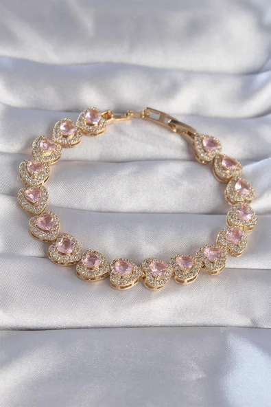 MuI MuI Vip Seri Pirinç Gold Renk Pembe Zirkon Taşlı Kalp Tasarımlı Bileklik