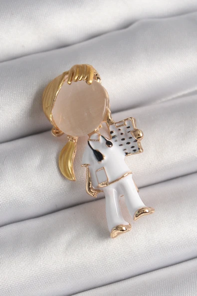 Pirinç Gold Renk Beyaz Mineli Doktor Model Kadın Broş - TJ-BR406