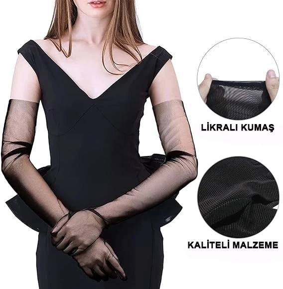 Uzun Boy Likralı Siyah Renk Yetişkin Mega Tül Eldiven 53 Cm - 4