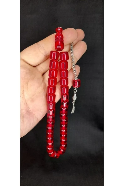 ÇUBUK KEHRİBAR TESBİH KIRMIZI RENK KAPSÜL KESİM T-442