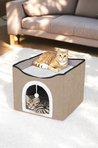 TİNEKE  Sevimli Katlanır Taşınabilir Çok Fonksiyonlu Kapalı Kedi Evi Yatağı KAHVERENGİ