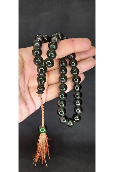 ÇUBUK KEHRİBAR TESBİH KOYU YEŞİL KÜRE KESİM T-419 HEDİYELİK