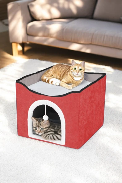 TİNEKE  Sevimli Katlanır Taşınabilir Çok Fonksiyonlu Kapalı Kedi Evi Yatağı TURUNCU - Resim 4