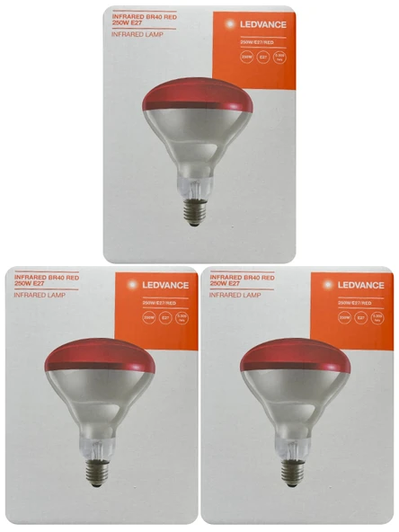 (3 Adet) Ledvance 250W Kızılötesi (infrared) Isıtıcılı Hayvan Isıtma ve Fizik Tedavi Lambası (Kırmızı Işık) E27 (Kalın Duy)