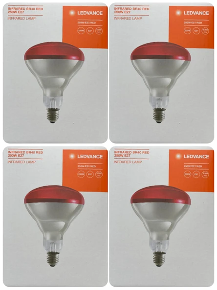 (4 Adet) Ledvance 250W Kızılötesi (infrared) Isıtıcılı Hayvan Isıtma ve Fizik Tedavi Lambası (Kırmızı Işık) E27 (Kalın Duy)