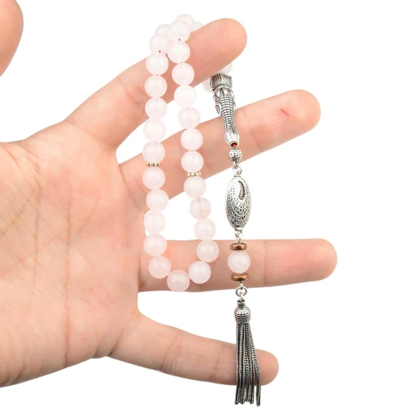 Gümüş İmame Gümüş Püskül Küre Kesim 8.x8 mm Doğal Gül Kuvars Taşı Tesbih - Resim 3