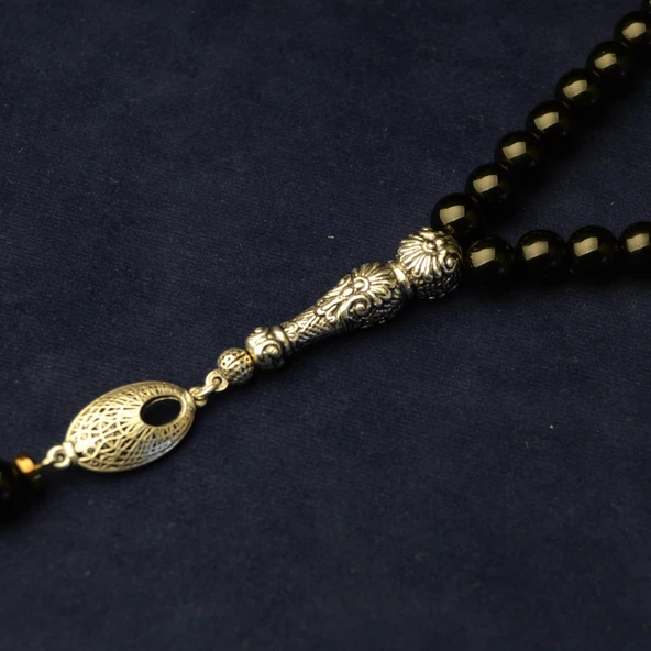 Gümüş İmame Gümüş Püskül Küre Kesim 8x8 mm Doğal Oniks Taşı Tesbih - Resim 2