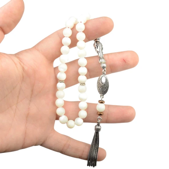 Gümüş İmame Gümüş Püskül Küre Kesim 8x8 mm Doğal Sedef Taşı Tesbih - Resim 3