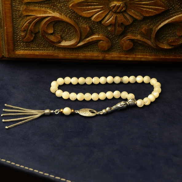 Gümüş İmame Gümüş Püskül Küre Kesim 8x8 mm Doğal Sedef Taşı Tesbih ürün görseli 1