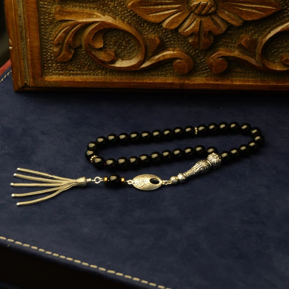 Gümüş İmame Gümüş Püskül Küre Kesim 8x8 mm Doğal Oniks Taşı Tesbih ürün görseli 1