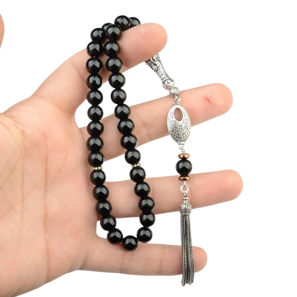 Gümüş İmame Gümüş Püskül Küre Kesim 8x8 mm Doğal Oniks Taşı Tesbih - Resim 3