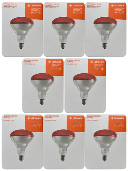 (8 Adet) Ledvance 250W Kızılötesi (infrared) Isıtıcılı Hayvan Isıtma ve Fizik Tedavi Lambası (Kırmızı Işık) E27 (Kalın Duy)