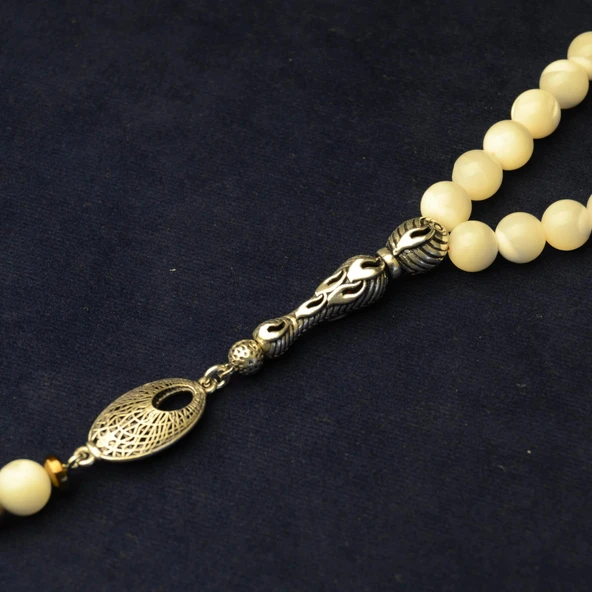 Gümüş İmame Gümüş Püskül Küre Kesim 8x8 mm Doğal Sedef Taşı Tesbih - Resim 2