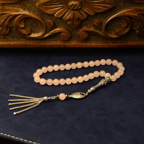 Gümüş İmame Gümüş Püskül Küre Kesim 8.x8 mm Doğal Gül Kuvars Taşı Tesbih ürün görseli 1