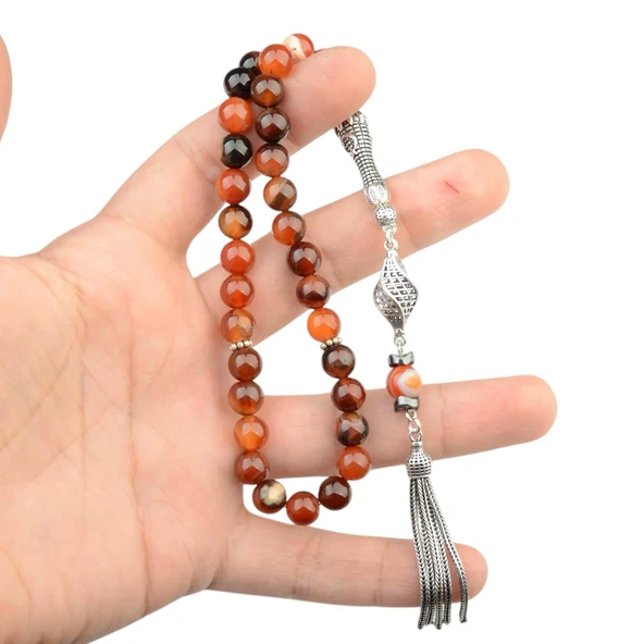 Gümüş İmame Gümüş Püskül Küre Kesim 8x8 mm Doğal Jasper Taşı Tesbih - 3