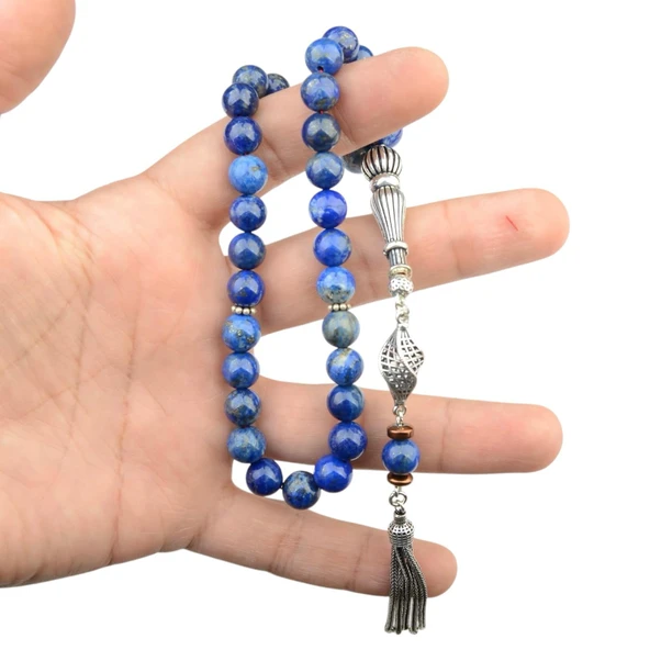 Gümüş İmame Gümüş Püskül Küre Kesim 9x9 mm Doğal Lapis Taşı Tesbih - Resim 3