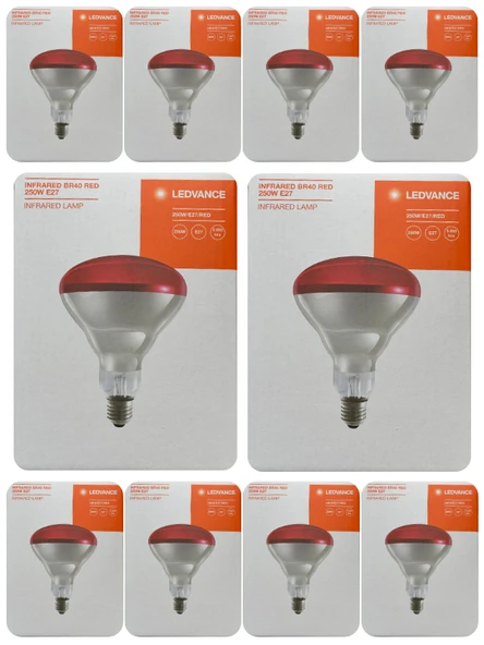 (10 Adet) Ledvance 250W Kızılötesi (infrared) Isıtıcılı Hayvan Isıtma ve Fizik Tedavi Lambası (Kırmızı Işık) E27 (Kalın Duy)