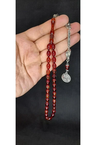 ATEŞ KEHRİBAR TESBİH BEYZİ KESİM KIRMIZI RENK T-417