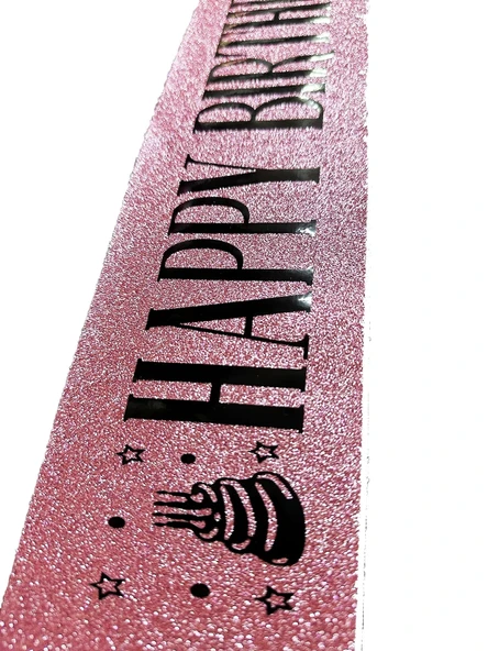 Pembe Üzeri Siyah Büyük Happy Birthday Yazılı Simli Işıltılı Kuşak Kemer 10 Cm Genişlik - 3