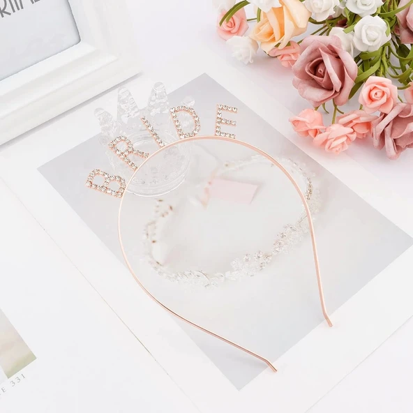Rose Gold Renk Bekarlığa Veda Kristal Taş Bride Tacı İthal 16x10 Cm - 3