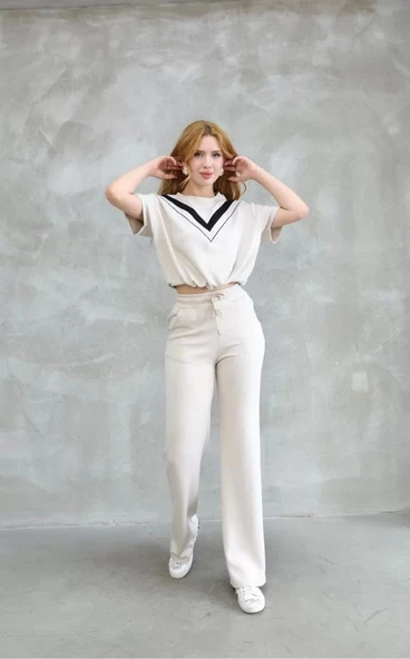 Osy Modal Yumuşak dokulu Kumaş Bisiklet Yaka Parçalı detaylı Kısa Kollu Takım - Beyaz - Resim 3